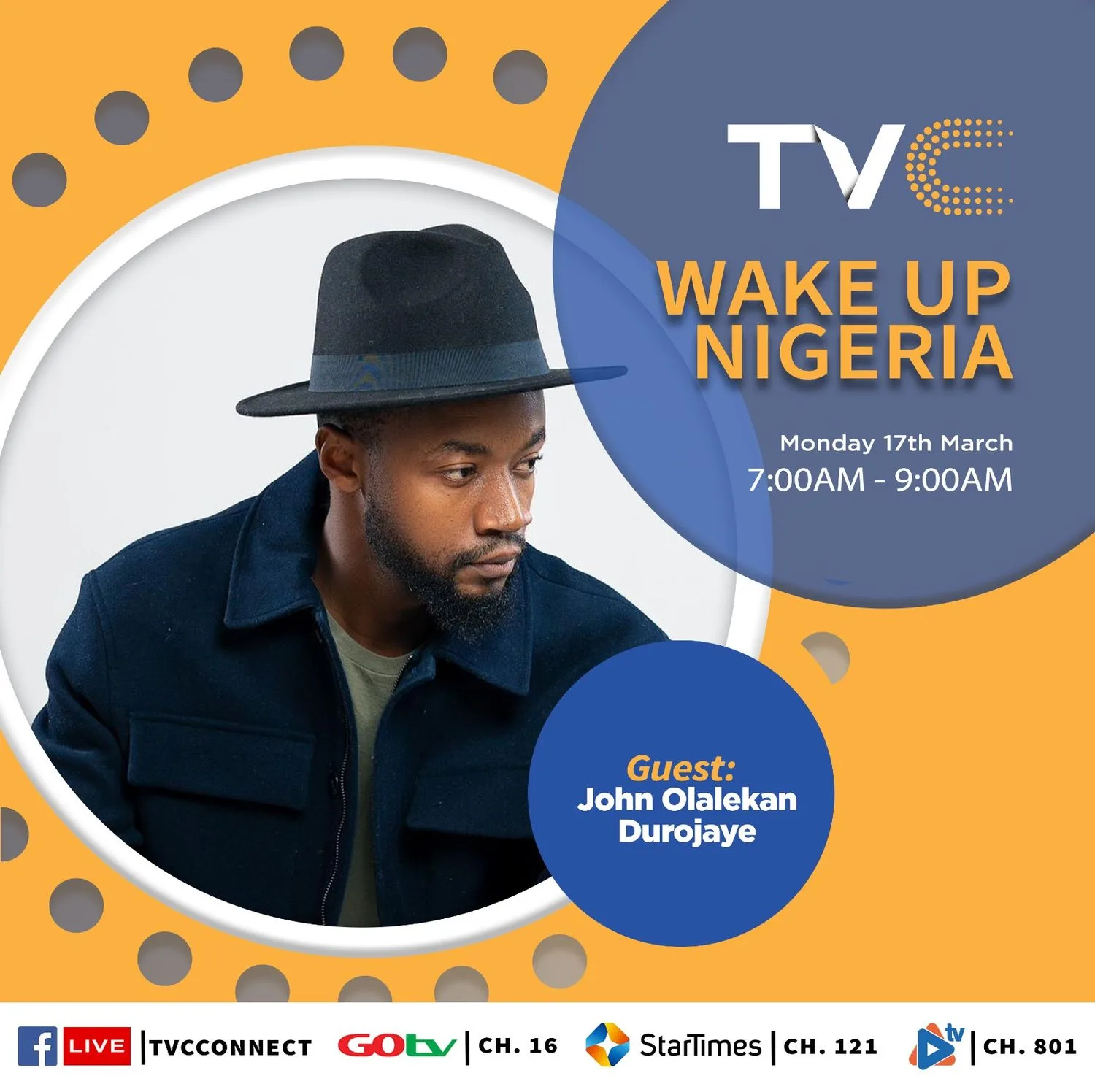 TVC Wake Up Nigeria morning show promotional image with navy and orange circular design and program details.