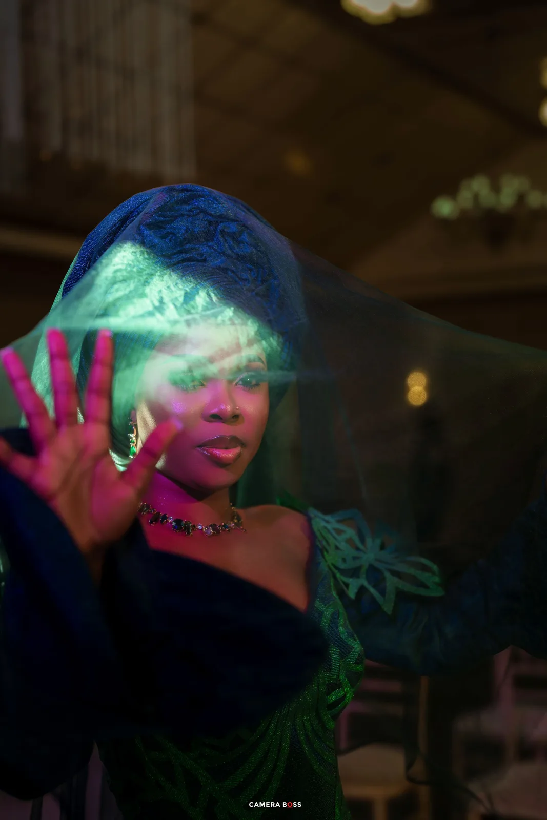 Artistic nightclub photo with neon lights casting blue and green hues over a glamorous dark silhouette with raised hand.