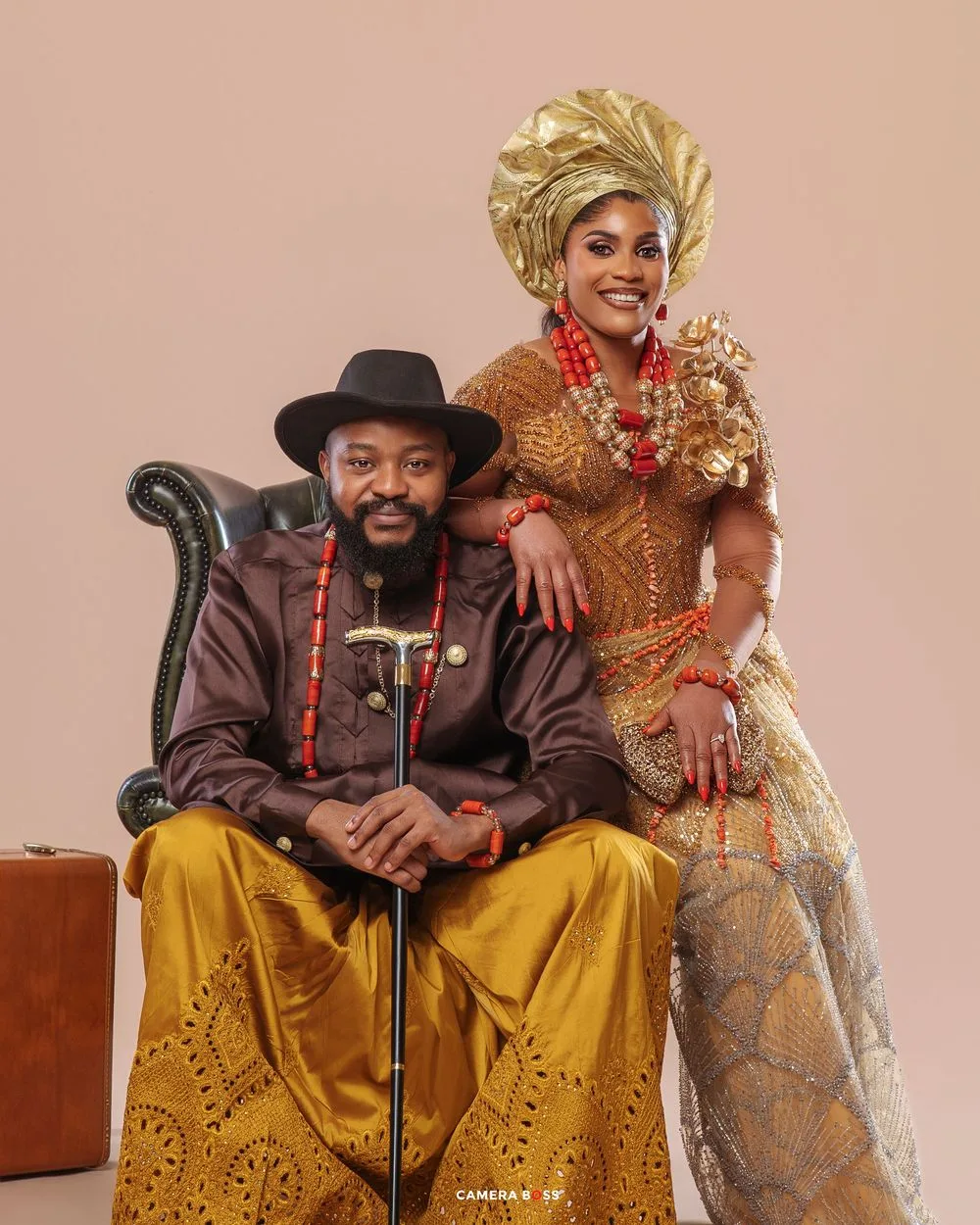 Traditional West African wedding attire showcased in a series of elegant poses against a beige backdrop.