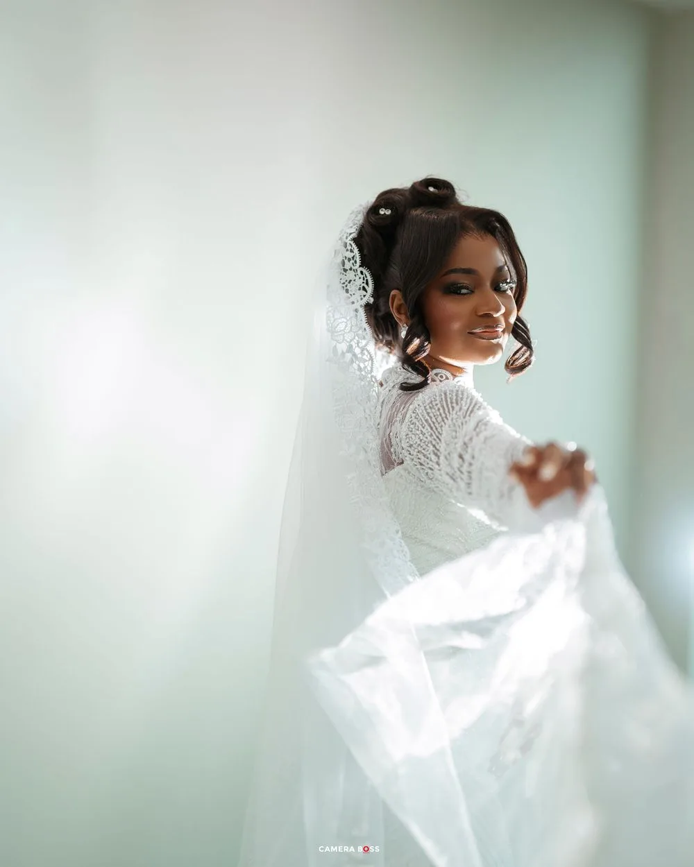 A series of ethereal bridal portraits showing flowing white lace dress movement against a soft light background.
