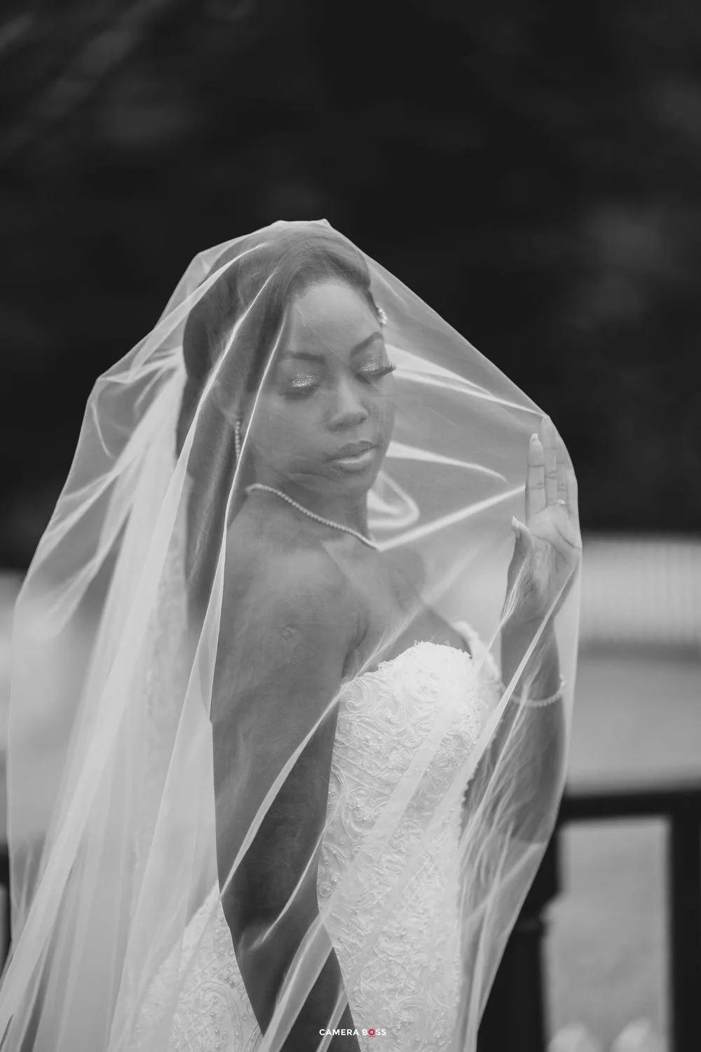 A black and white series of photos showing someone in a bridal veil and white lace wedding dress.