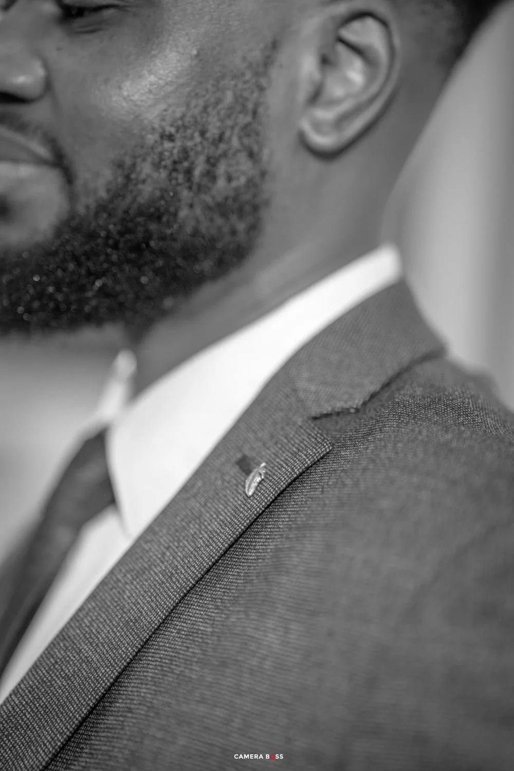 Black and white close-up photo of a well-groomed beard and suit lapel with a small pin attached.