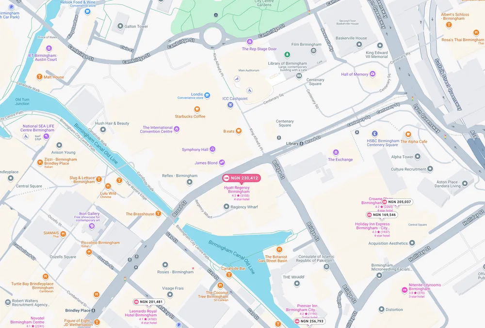 Digital map interface showing streets, waterways and labeled points of interest in an urban area.