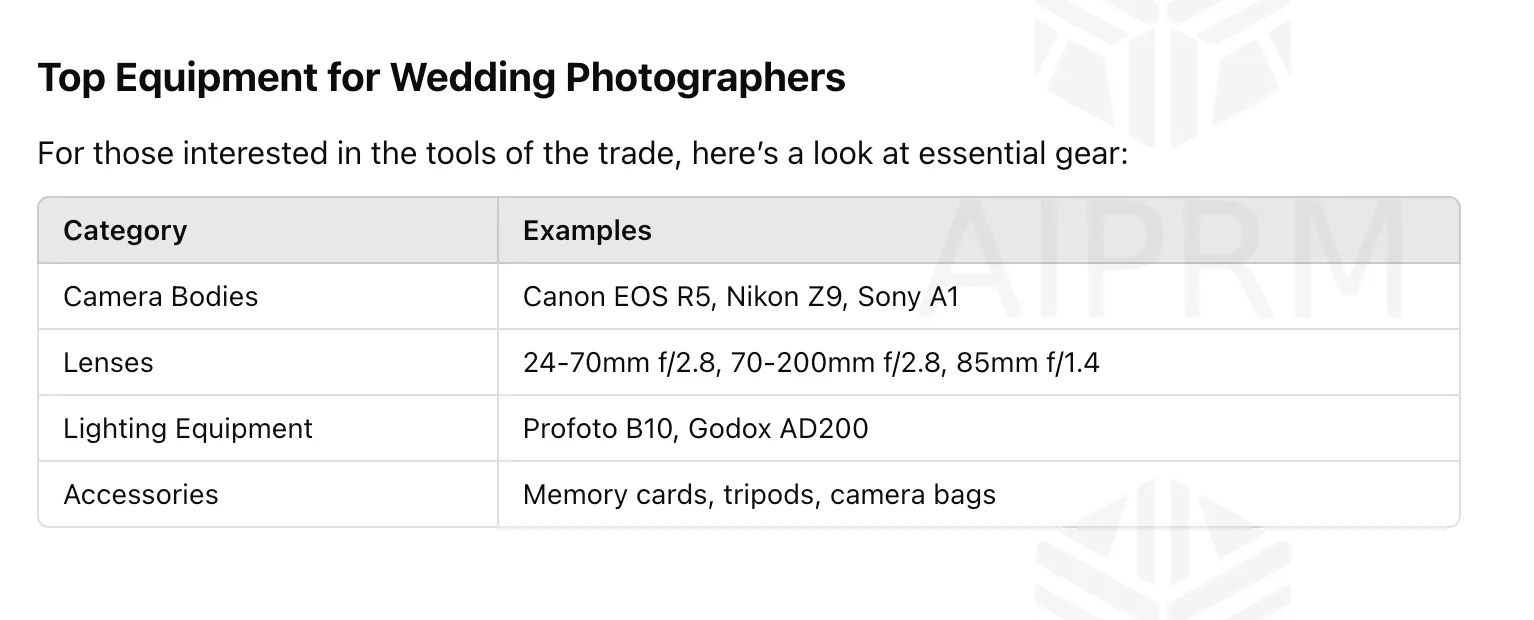 A simple chart displays essential equipment categories for wedding photographers including camera bodies, lenses and accessories.
