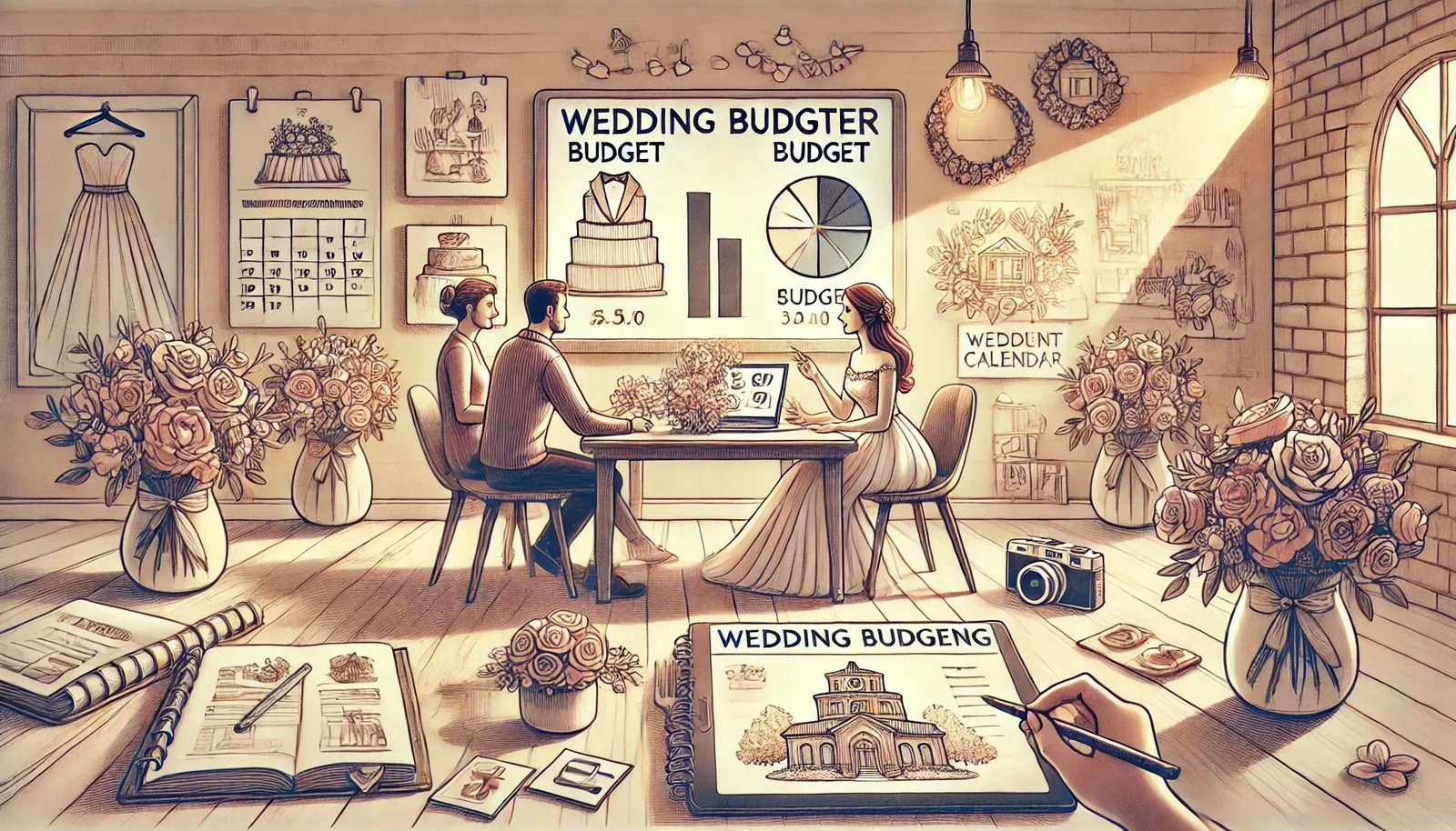Vintage styled illustration of a wedding planning workspace with sketches, blueprints, floral arrangements and decor samples.