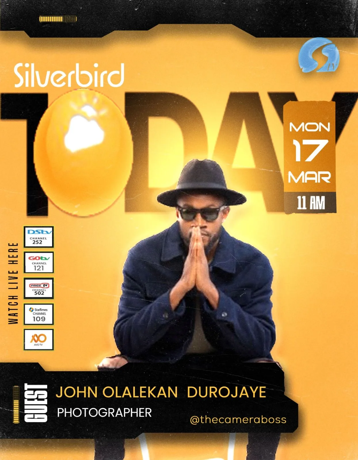 Yellow and orange event poster promoting photographer John Olalekan Durojaye at Silverbird with date, time and venue details.