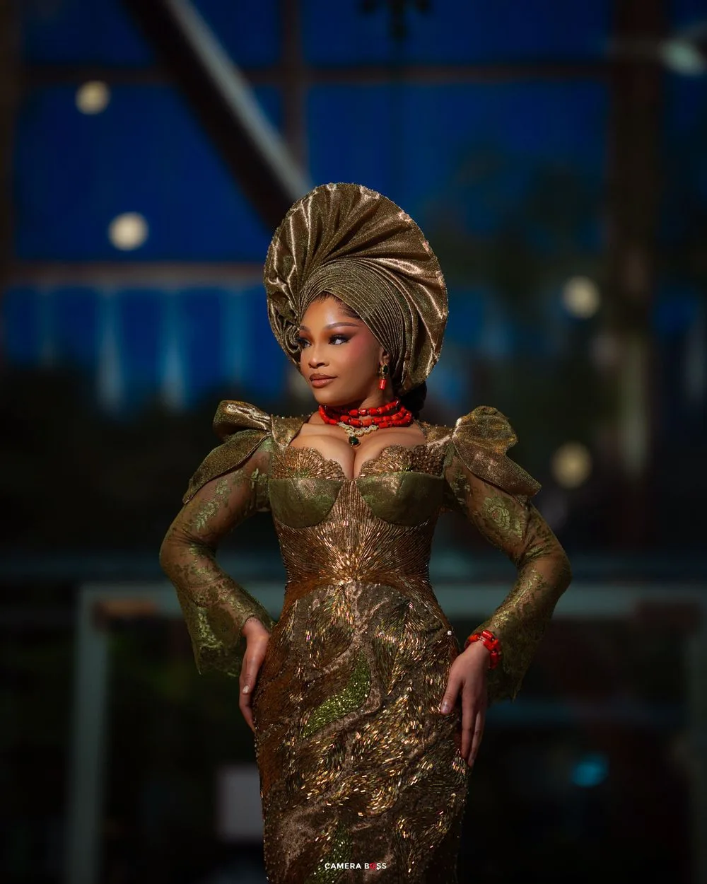 A figure in an elegant gold embroidered dress with puff sleeves and an ornate headwrap poses against a blue evening backdrop.