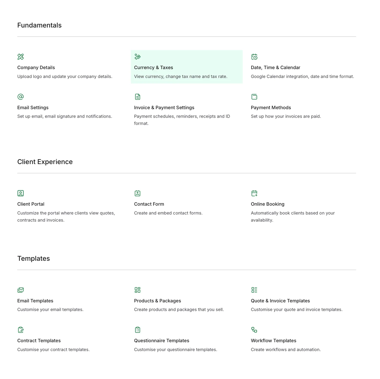 Visual guide showing sections for client experience and templates with various subsections in a minimalist grid layout.