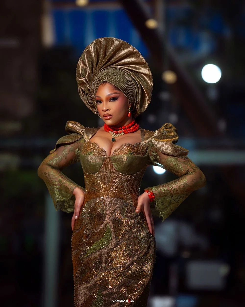 A person wearing an elaborate olive green gown with embroidery and a large metallic headpiece in dramatic lighting.