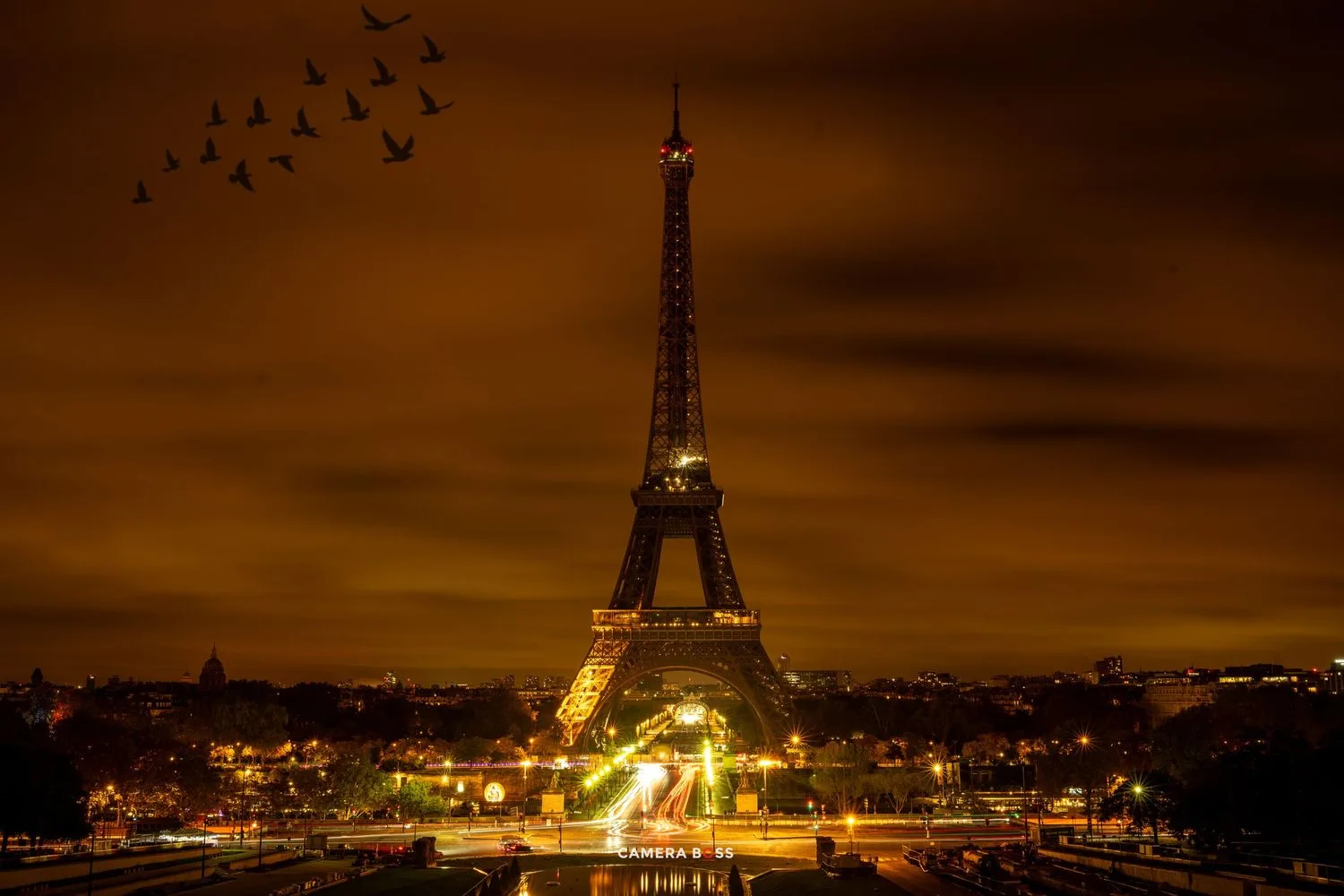 The illuminated Eiffel Tower stands majestically against a dramatic orange night sky in Paris with birds flying overhead.