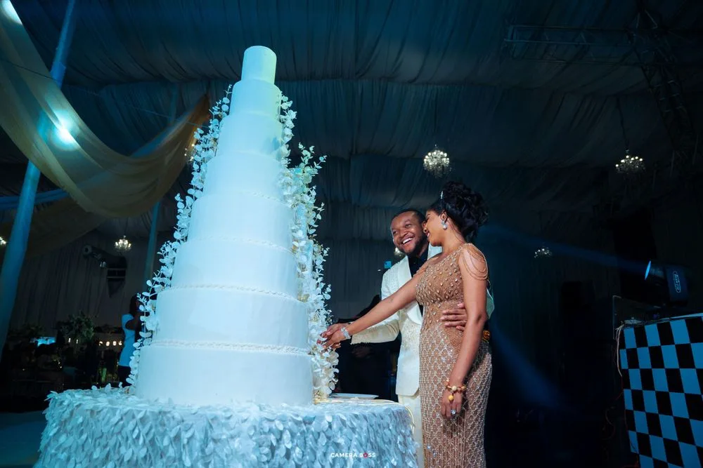 A couple cuts their multi-tiered wedding cake with dramatic blue lighting and fountain effects in an elegant reception hall.