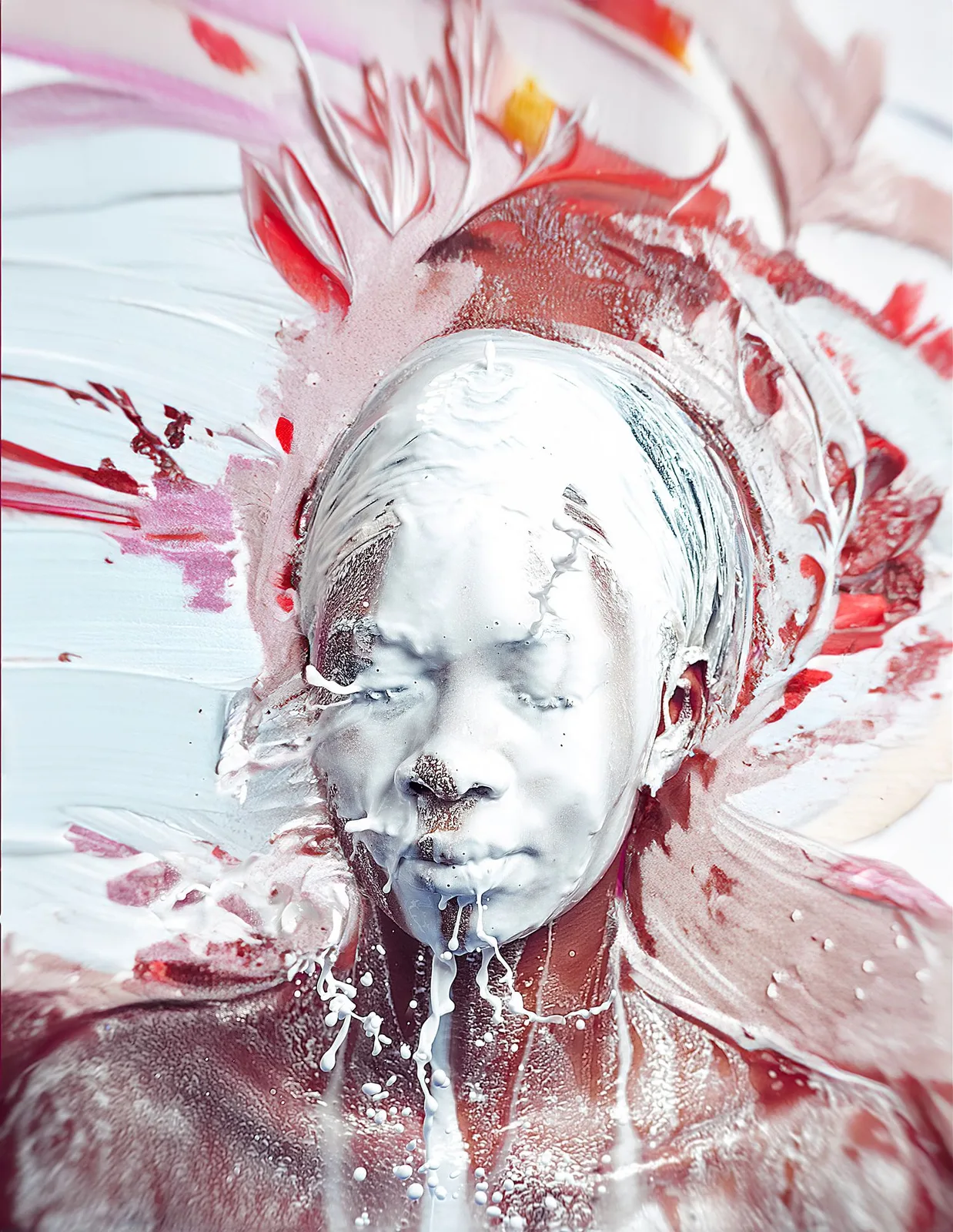 Artistic portrait in silver and red paint splatter effect creating an ethereal aesthetic composition.