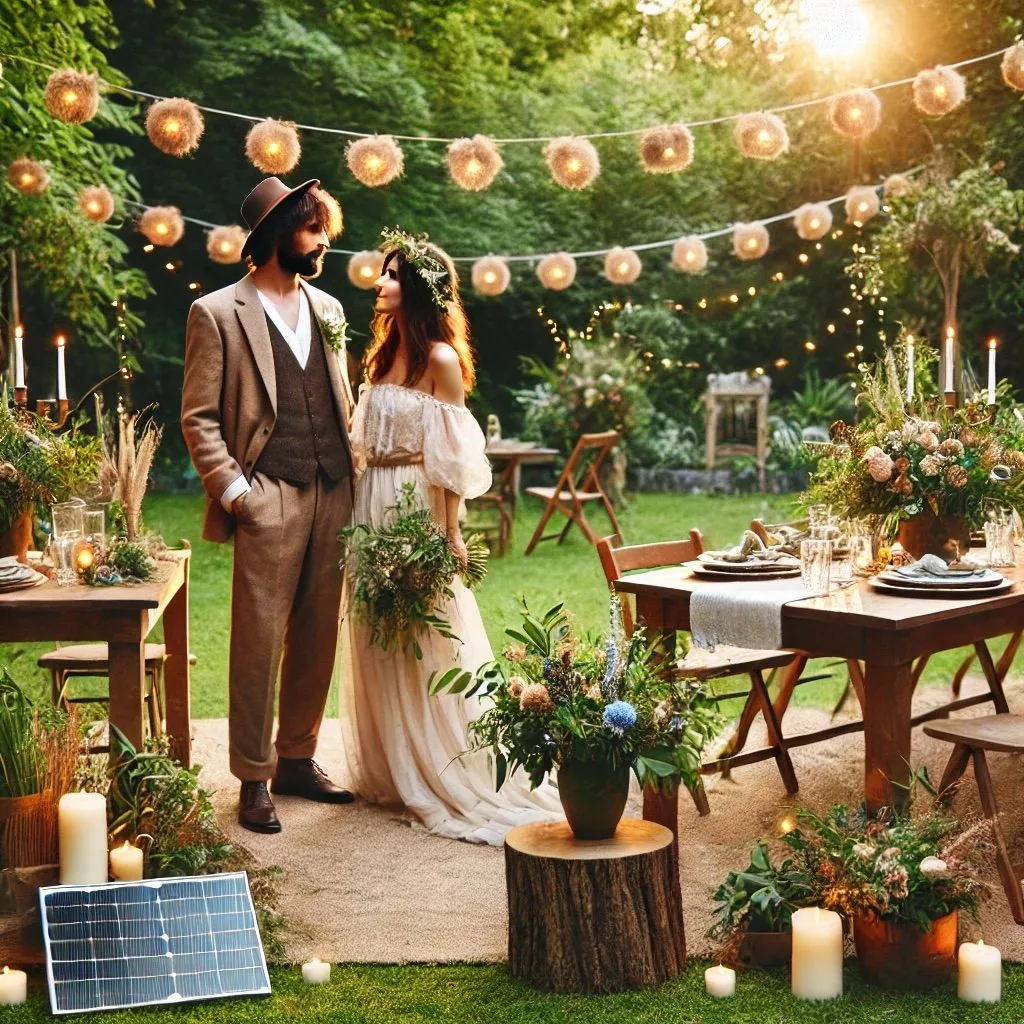 Rustic outdoor garden wedding reception with string lights, wooden tables, and natural decor at golden hour sunset.